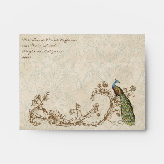 A2 Note Vintage Peacock Etchings Wedding Envelopes (Front)