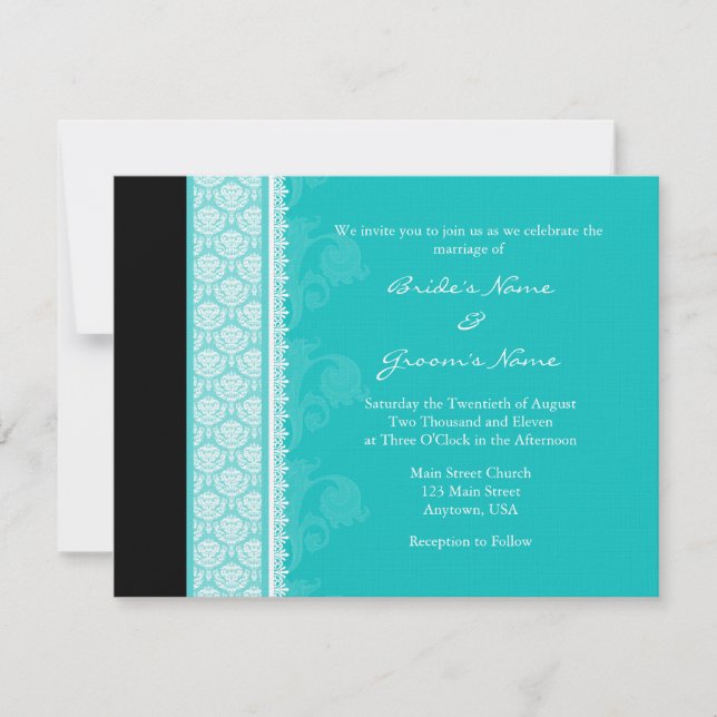 A2 Turquoise One-Side Damask Wedding Invitations (Front)