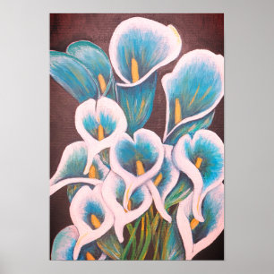 A4 Beautiful Teal Flowers acrylic Painting Print