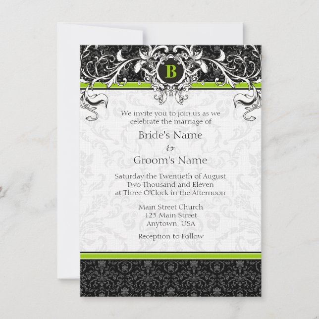 A6 Lime Green Black Damask Monogram Wedding Invite (Front)