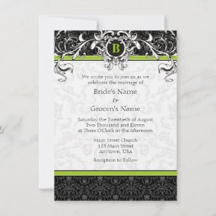A6 Lime Green Black Damask Monogram Wedding Invite