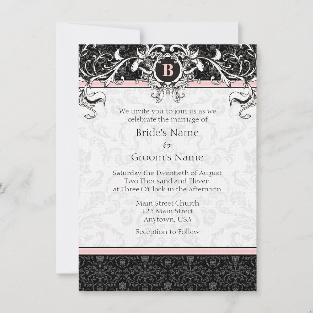 A6 Pink & Black Damask Monogram Wedding Invites (Front)
