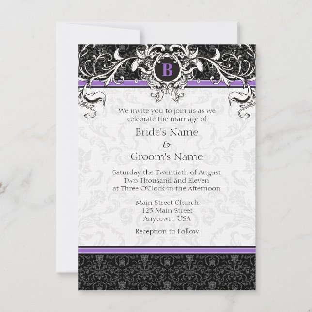 A6 Purple & Black Damask Monogram Wedding Invites (Front)