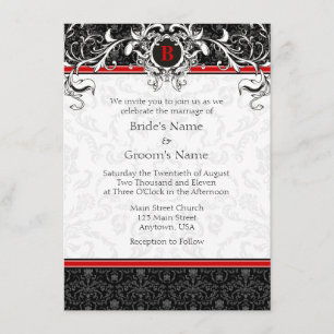 A6 Red & Black Damask Monogram Wedding Invitations