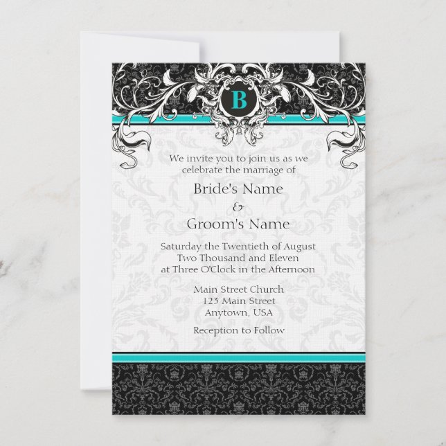 A6 Turquoise Black Damask Monogram Wedding Invite (Front)