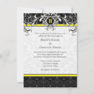 A6 Yellow & Black Damask Monogram Wedding Invites