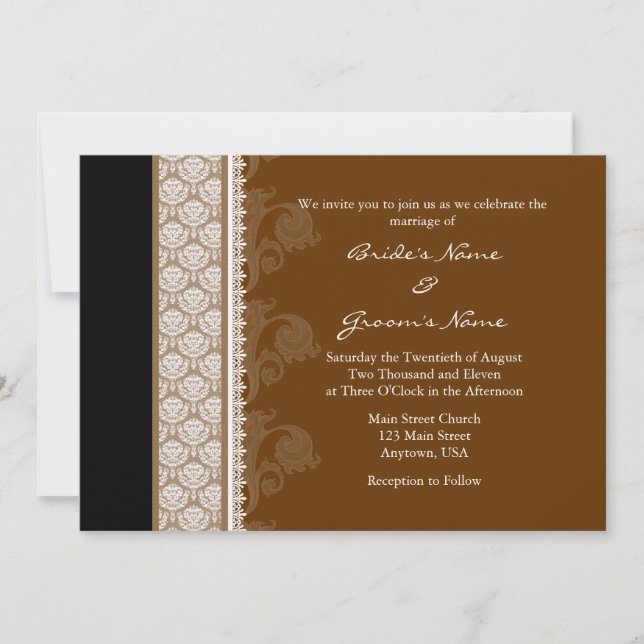 A7 Chocolate Brown Damask Wedding Invitations (Front)