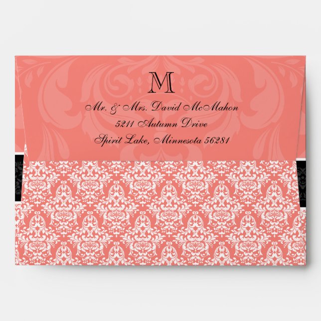 A7 Coral Black Damask Monogram Wedding Envelopes (Back (Top Flap))