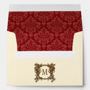 A7 Cream & Red Floral Crest Damask Monogram Envelopes