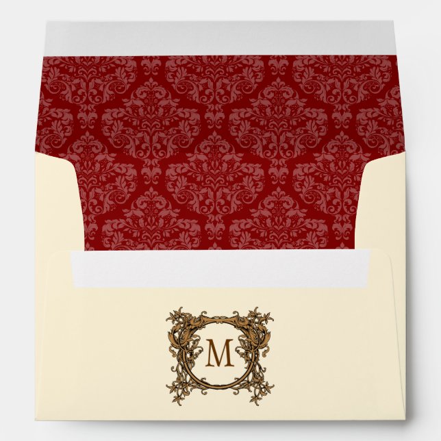A7 Cream & Red Floral Crest Damask Monogram Envelopes (Back (Bottom))