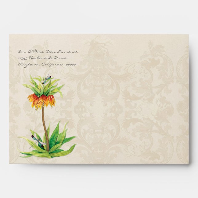 A7 Elegant Fritillaria Dragonfly Wedding Envelope (Front)