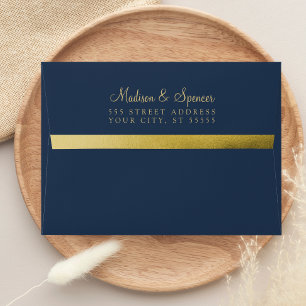 A7 Navy Gold Foil Return Address Wedding Mailing Envelope