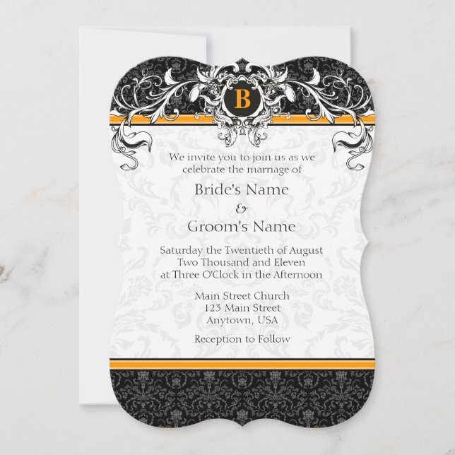 A7 Orange & Black Damask Monogram Wedding Invites (Front)