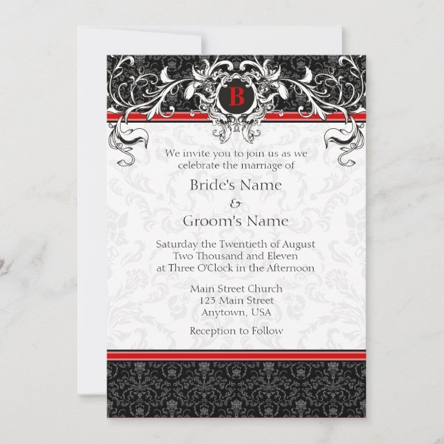 A7 Red & Black Damask Monogram Wedding Invitations (Front)