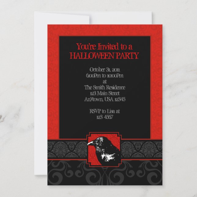 A7 Red & Black Raven Damask Halloween Invitations (Front)
