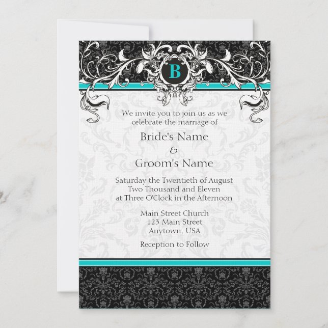 A7 Turquoise Black Damask Monogram Wedding Invite (Front)