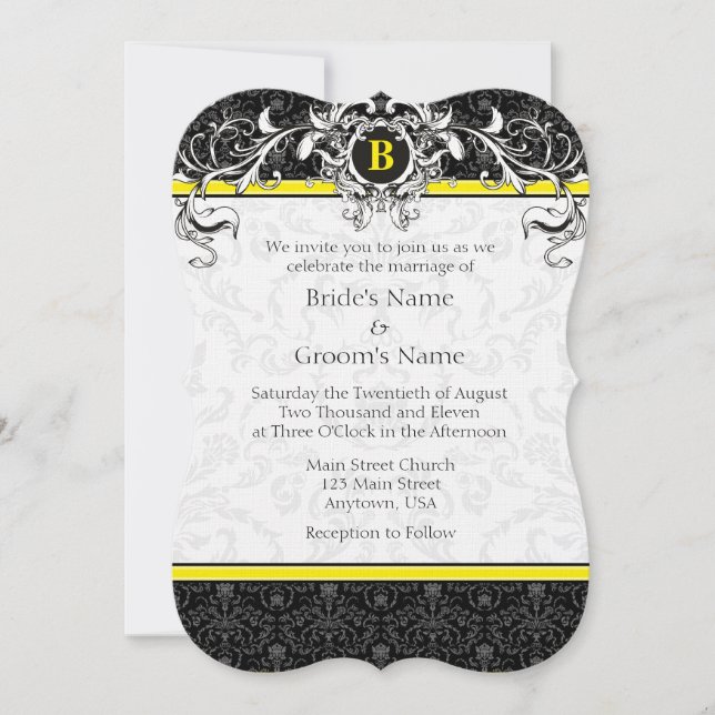 A7 Yellow & Black Damask Monogram Wedding Invites (Front)