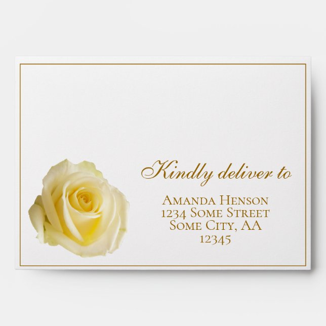 A7 Yellow Rose Script Return Address Wedding Envelope (Front)