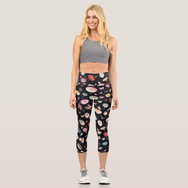 A 1000 Parasols Pattern Black Capri Leggings (Front)