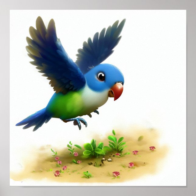 A 3D Image of a Blue-crowned Hanging Parrot Poster (Front)