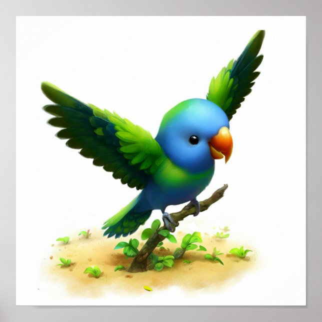 A 3D Image of a Blue-crowned Hanging Parrot Poster (Front)