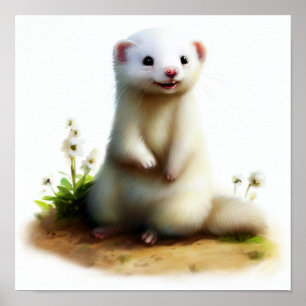A 3D Watercolor Painting of a Cute Ferret Poster