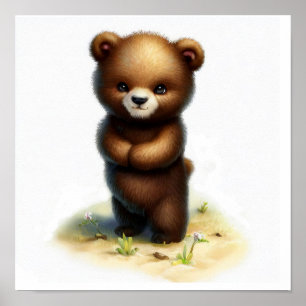 A 3D Watercolor Painting of a Grizzly Bear Cub Poster