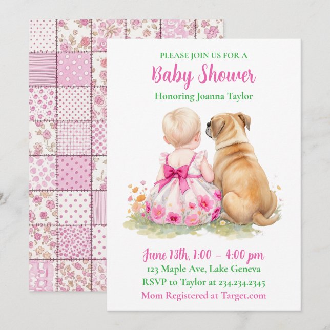 A Baby and Her Dog | Girl's Pink Baby Shower Invitation (Front/Back)
