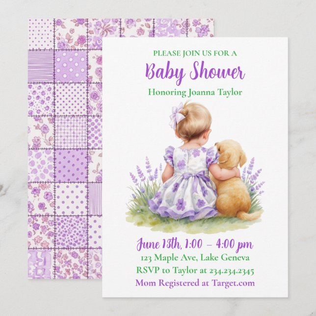 A Baby and Her Dog | Girl's Purple Baby Shower Invitation (Front/Back)