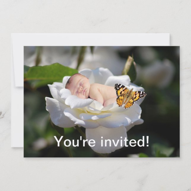 A baby and white rose invitation (Front)