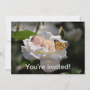 A baby and white rose invitation