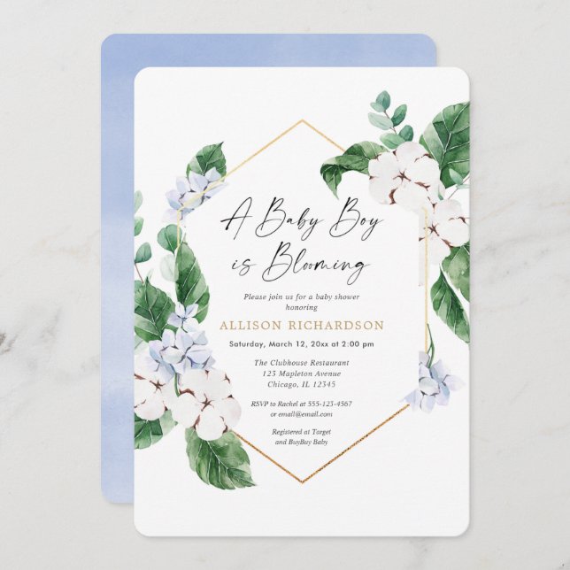 A baby boy is blooming blue white spring floral invitation (Front/Back)