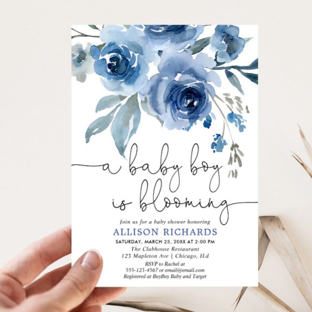 A baby boy is blooming navy blue baby shower invitation (Creator Uploaded)