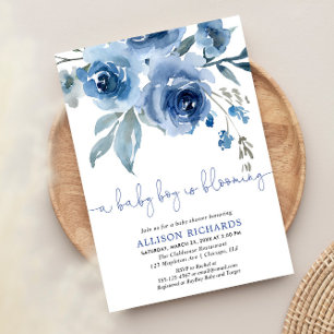 A baby boy is blooming navy blue baby shower invitation