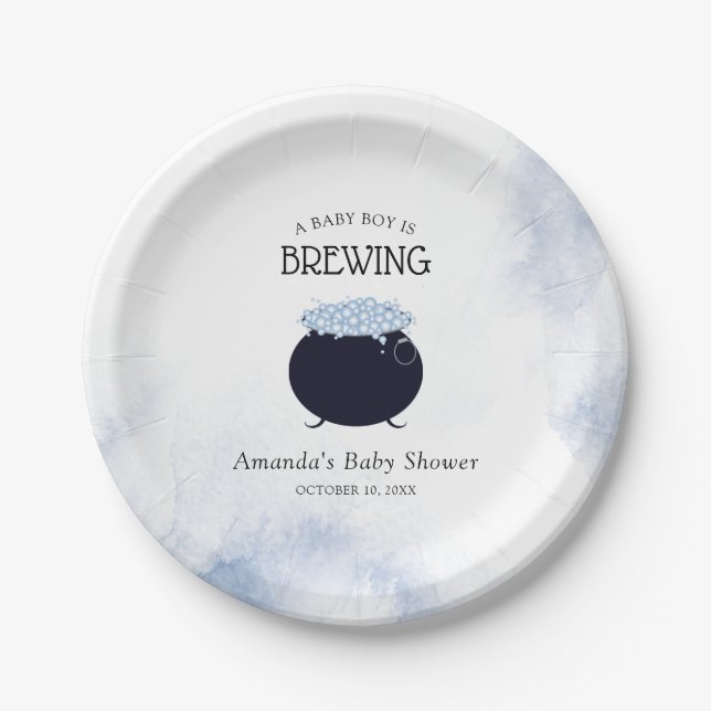 A Baby Boy Is Brewing Halloween Baby Shower Paper Plate (Front)