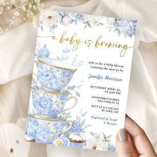 A Baby Boy is Brewing Tea Party Baby Shower Blue Invitation