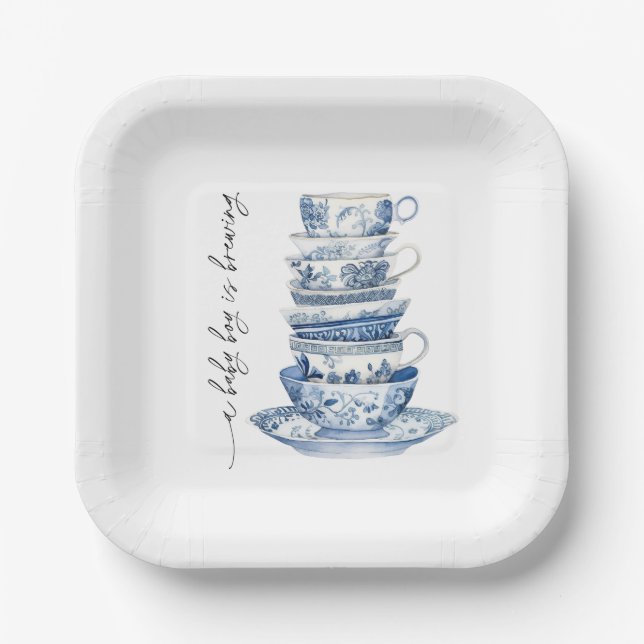 A Baby Boy is Brewing Tea Party Baby Shower Paper Plate (Front)