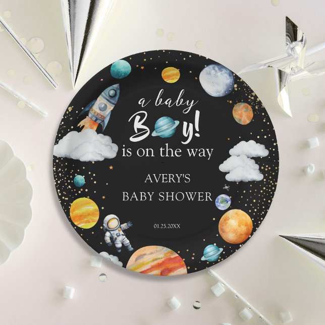 A Baby Boy Is On The Way Space Baby Shower Paper Plate (Creator Uploaded)