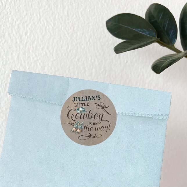 A Baby Cowboy is on the Way Baby Shower  Classic Round Sticker (Custom a Cowboy is on the Way Baby Shower Sticker)