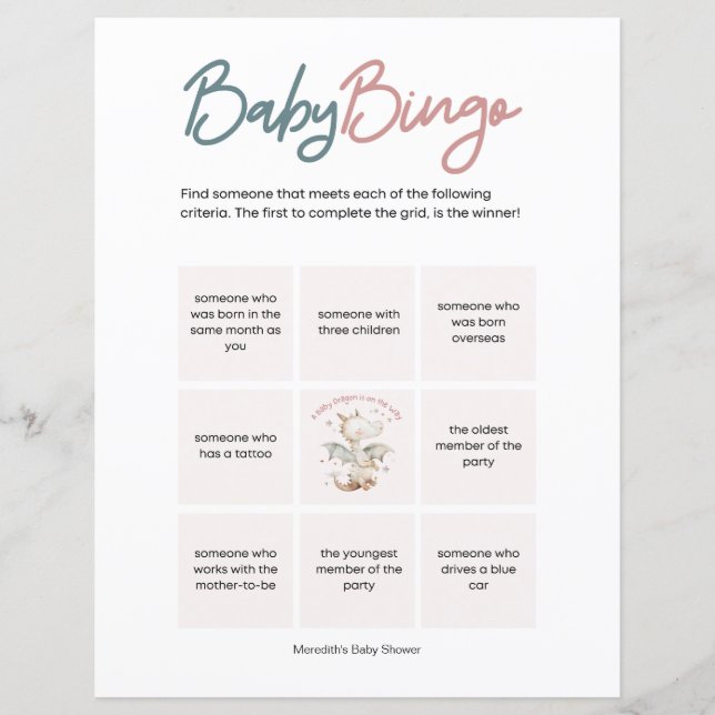 A Baby Dragon is on the way Baby shower Baby Bingo (Front)