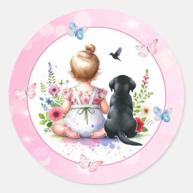 A Baby Girl and her Puppy Baby Shower  Classic Round Sticker (Front)