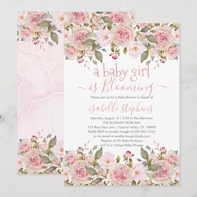 A Baby Girl Is Blooming Pink Floral Baby Shower Invitation (Front/Back)