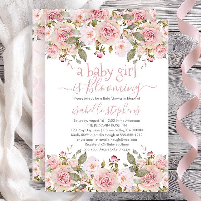 A Baby Girl Is Blooming Pink Floral Baby Shower Invitation (A Baby Girl Is Blooming Pink Roses Floral Baby Shower Invitation - Print | Digital Download)