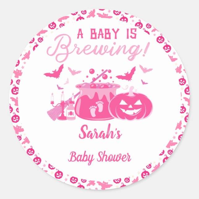 A Baby Girl Is Brewing Pink Halloween Baby Shower Classic Round Sticker (Front)