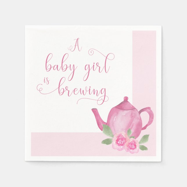 A Baby Girl is Brewing Pink Teapot Baby Shower Napkin (Front)