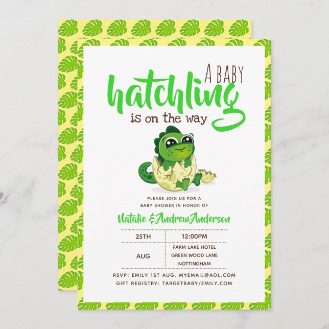 A Baby Hatchling Is On The Way Dinosaur Cute Green Invitation (Front/Back)