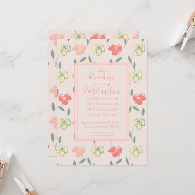 A Baby is Blooming Pink Pansies Baby Shower  Invitation (Front/Back In Situ)