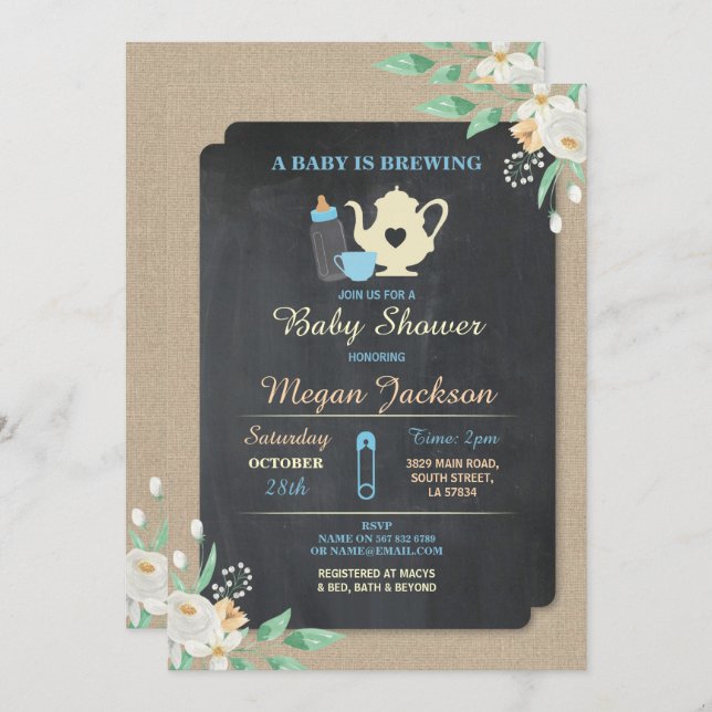 A BABY IS BREWING Blue Boy Shower Teapot Invite (Front/Back)