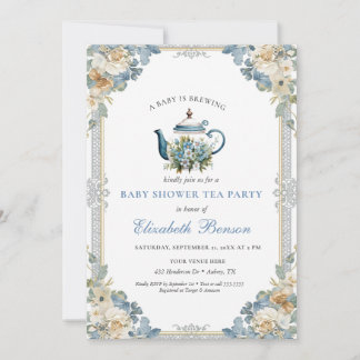 A Baby Is Brewing Blue Floral Shower Invitation