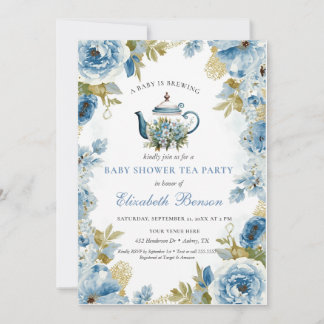 A Baby Is Brewing Blue Floral Shower Invitation